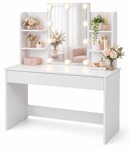Tavolino da trucco Relaxdays con specchio stile Hollywood, illuminazione integrata, cassetto, dimensioni: 140 x 108 x 40 cm, tavolo da trucco, bianco