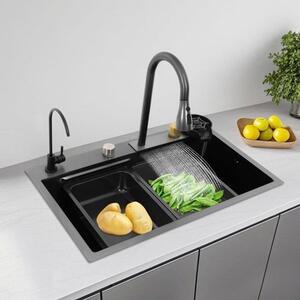 Rubinetto da cucina con lavello - 68 cm - Acciaio inossidabile - Estensibile - Filtro per l'acqua - Texture a nido d'ape