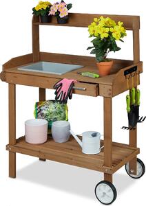 Tavolo da giardinaggio Relaxdays con rotelle, vaschetta e cassetto, in legno e plastica, dimensioni: 120 x 97 x 49 cm, tavolo da lavoro da giardino, marrone