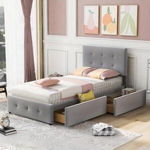 Letto singolo – Comodo letto per bambini con 2 cassetti contenitori e poggiatesta regolabile, e struttura a listelli – Velluto color beige chiaro