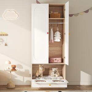 Armadio per bambini MODFU con letto per gatti, armadio da ingresso con asta per armadio e maniglie in Vetroceramica, cassettiera alta in bianco e naturale