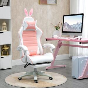 Sedia da gaming rosa, rivestita in ecopelle, con supporto lombare, girevole a 360 gradi e poggiapiedi estensibile
