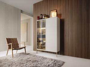 Vetrina 2 ante e 1 cassetto con LED in MDF e Vetro fumé Beige e Nero OVILA