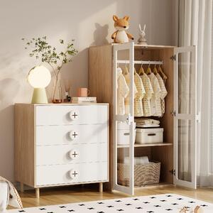 MODFU Set di mobili per camera da letto 2 pezzi con armadio e comodino, con 4 cassetti in pannelli laccati + truciolato, bianco