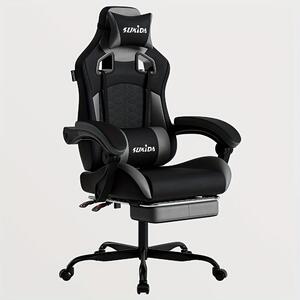 Sedia da gaming ergonomica di colore grigio scuro, con poggiapiedi e schienale regolabile