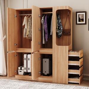 MODFU Armadio extra large Armadio da soggiorno con cassetti e vani portaoggetti, armadi con zona abiti aperta e lato destro, colore legno