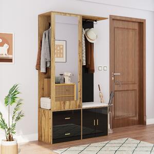 MODFU: armadio guardaroba, mobile da cucina, mobile contenitore, armadio multifunzionale con specchio e scarpiera, credenza alta con scarpiera, nero e legno