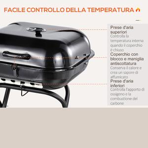 Outsunny Barbecue in Acciaio con 2 Ruote, Coperchio, Ventola Controllo Calore, Gambe Pieghevoli | Nero | 57x70x86cm
