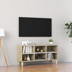 Mobile TV con Gambe in Legno Massello Bianco e Rovere Sonoma 103,5x30x50 cm