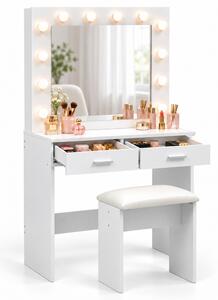 Comò da trucco Relaxdays con sgabello, specchio "Hollywood", illuminazione, 2 cassetti, dimensioni: 140x80x40 cm, tavolo da trucco, bianco