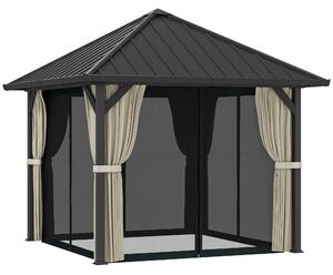 Outsunny Gazebo Hartdach da 3 x 3 m, Gazebo da Giardino con Tetto in Metallo, Gazebo da Giardino Impermeabile con Zanzariera e Pareti Laterali, Grigio Scuro