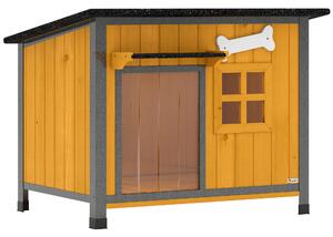 PawHut Cuccia per Cani da Esterno in Legno e Acciaio Anti-Morso, Tetto Apribile e Tenda per Porta, Giallo | Aosom Italy