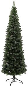 Albero di Natale Innevato Slim Alto 225 cm con 980 Rami Pigne e Base in Acciaio Verde