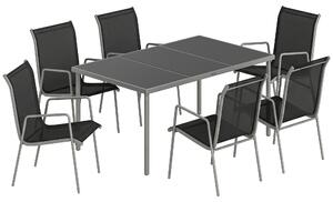 Outsunny Set tavolo e sedie da giardino da 7 pezzi con 6 Sedie Impilabili e Tavolino da Caffèm, Nero e Argento | Aosom Italy