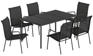 Outsunny Set da Esterno 7pz in Acciaio con 6 Sedie Impilabili in Texteline e Tavolino da Caffè con Piano in Vetro, Nero | Aosom Italy