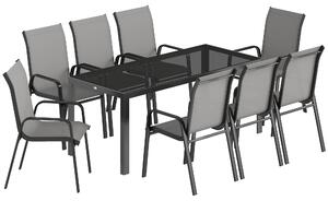 Outsunny Set da Esterno 9pz con 8 Sedie Impilabili in Texteline e Tavolino da Caffè con Piano in Vetro, Grigio Chiaro | Aosom Italy