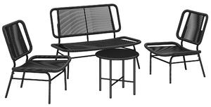 Set 4 Pezzi Salotto da Giardino con Divano 2 Sedie con Tavolino in Rattan e Metallo Nero