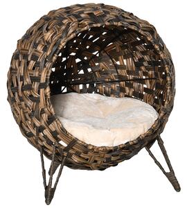 PawHut Cuccia in rattan per gatti con cuscino, cuccia rialzata Marrone Ø52 x 58 cm | Aosom Italy