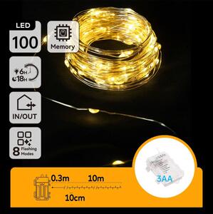 Aigostar - Catena luminosa LED per esterni 100 LED, 8 modalità, alimentazione 3x AA, 10,3 m, IP44, bianco caldo