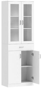 HOMCOM Credenza alta da cucina, armadio da cucina, 4 ante di cui 2 in vetro, cassetti, ripiani regolabili, 60x35x180cm, bianco | Aosom Italy