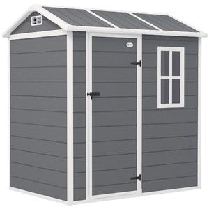 Outsunny Casetta da giardino, capanno con pavimento, finestra, porta richiudibile, resina plastica, resistente alle intemperie, Grigio | Aosom Italy
