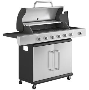 Outsunny Gas Barbecue, 6 Burners, Side Burner, Cast Iron Grill, Cabinet Included. | Aosom Italy