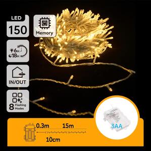 Aigostar - catena luminosa LED per esterni 150 LED, 8 funzioni, 3x AA, 15,3 m, IP44, bianco caldo