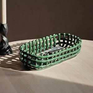 Ferm LIVING Cestino in ceramica, ovale, verde, lunghezza 30 cm, ceramica