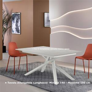 Tavolo Allungabile, Top in Melaminico bianco Opaco Gambe in Metallo Bianco, Pulse 25 Dimensioni 90x140 Max 190 x h76 cm, peso kg 49 Fino a 8 persone colore Marmo bianco