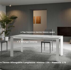 Tavolo Allungabile, Top Ceramica (sinthered stone) Gambe in Metallo FRAME Dimensioni 80x120 Max 170x h76 cm, peso kg 69 Fino a 8 persone colore top in marmo Bianco opaco
