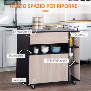HOMCOM Carrello da Cucina Multiuso Moderno con Ruote Cassetto Anta in Legno Rovere, 76,5x40x82cm
