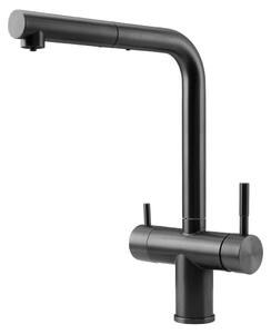 Miscelatore da cucina in acciaio inossidabile Pure.Sink Elite Steel Clear-S, finitura gun metal, con tre vie, beccuccio estraibile e acqua filtrata, modello PS8120-61