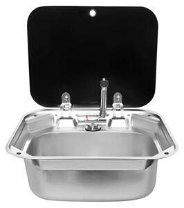 Lavello per camper, roulotte o barca - Lavello da incasso in acciaio inossidabile 304 - Con coperchio - Rubinetto pieghevole - Adatto per cucina/bar - Scarico curvo