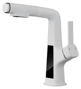 Miscelatore per bagno con indicatore di temperatura - Miscelatore per lavabo - Display digitale - Acqua calda e fredda - Bocchetta estraibile - Montaggio a pavimento - Acciaio inossidabile - Bianco