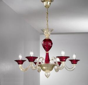 Lampadario 6 luci in vetro di Murano rosso e oro - 1155/6 - Vetrilamp