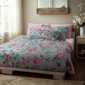 Completo Lenzuola In Percalle Monet Matrimoniale - 250X290 175X205 + 2 Federe 50X80 Emporium Floreale Azzurro Caleffi