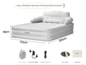 Materasso gonfiabile matrimoniale - Materasso ad aria per campeggio - Con schienale, altezza 48 cm, per 2 persone, pieghevole, per interni ed esterni - Grigio chiaro