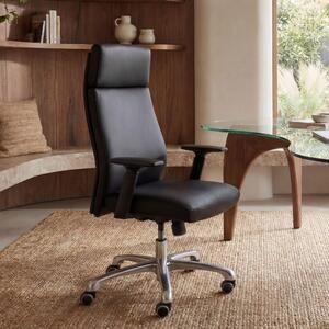 FineBuy Sedia da ufficio PORTO in vera pelle nera, ergonomica con poggiatesta; poltrona direzionale, sedia da scrivania ergonomica con funzione di oscillazione, sedia girevole