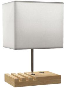 HOMCOM Lampada da Tavolo con Porte USB-A/C Tre Fessure per Telefoni Base in Legno e Paralume in Tessuto Bianco | Aosom Italy