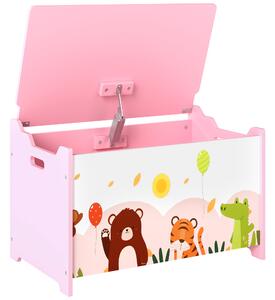 AIYAPLAY Baule Portagiochi per Bambini con Cerniere di Sicurezza in Legno con Disegni di Animali, 60x37x39 cm, Rosa | Aosom Italy