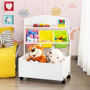 Costway Libreria di legno con ruote per bambini, Organizer libri e giocattoli con 3 cesti, Bianco