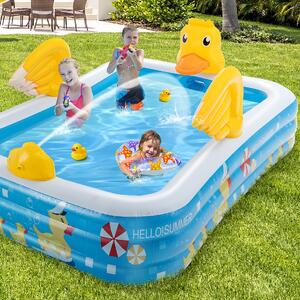Costway Piscina gonfiabile per bambini con tema papera, Piscina grande da esterno con spruzzo per cortile giardino Blu
