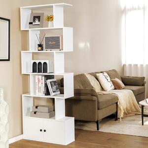 Costway Libreria a forma di S a 5 livelli con ante, Scaffale decorativo in legno per il soggiorno l'ufficio Bianco