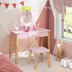 Costway Set vanità per bambini 2 in 1 in legno con sgabello specchio a forma di fragola cassetto, Set da trucco Rosa