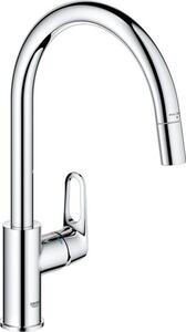 Rubinetto da cucina, cromato, bocca a C alta, aeratore estraibile, orientabile a 360°, limitatore di portata, GROHE Start Flow