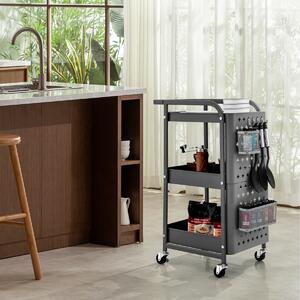 Costway Carrello multiuso a 3 livelli con 2 cestini 4 ganci, Carrello organizzatore di stoccaggio per cucina Grigio