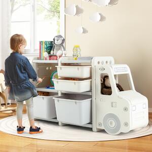 Costway Organizer per giocattoli con scatole 2 livelli per bambini, Scaffale multilivello in HDPE a forma di camion Beige