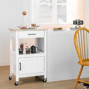 Costway Carrello da cucina su ruote con piano in legno di gomma ampio cassetto, Isola da cucina mobile 56x46x89cm Bianco