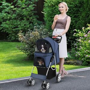 Costway Passeggino per animali domestici a 4 ruote con cestino portaoggetti, Trasportino da viaggio portatile Blu scuro
