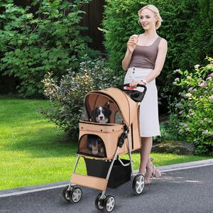 Costway Passeggino per animali domestici a 4 ruote con cestino portaoggetti, Trasportino da viaggio portatile Beige